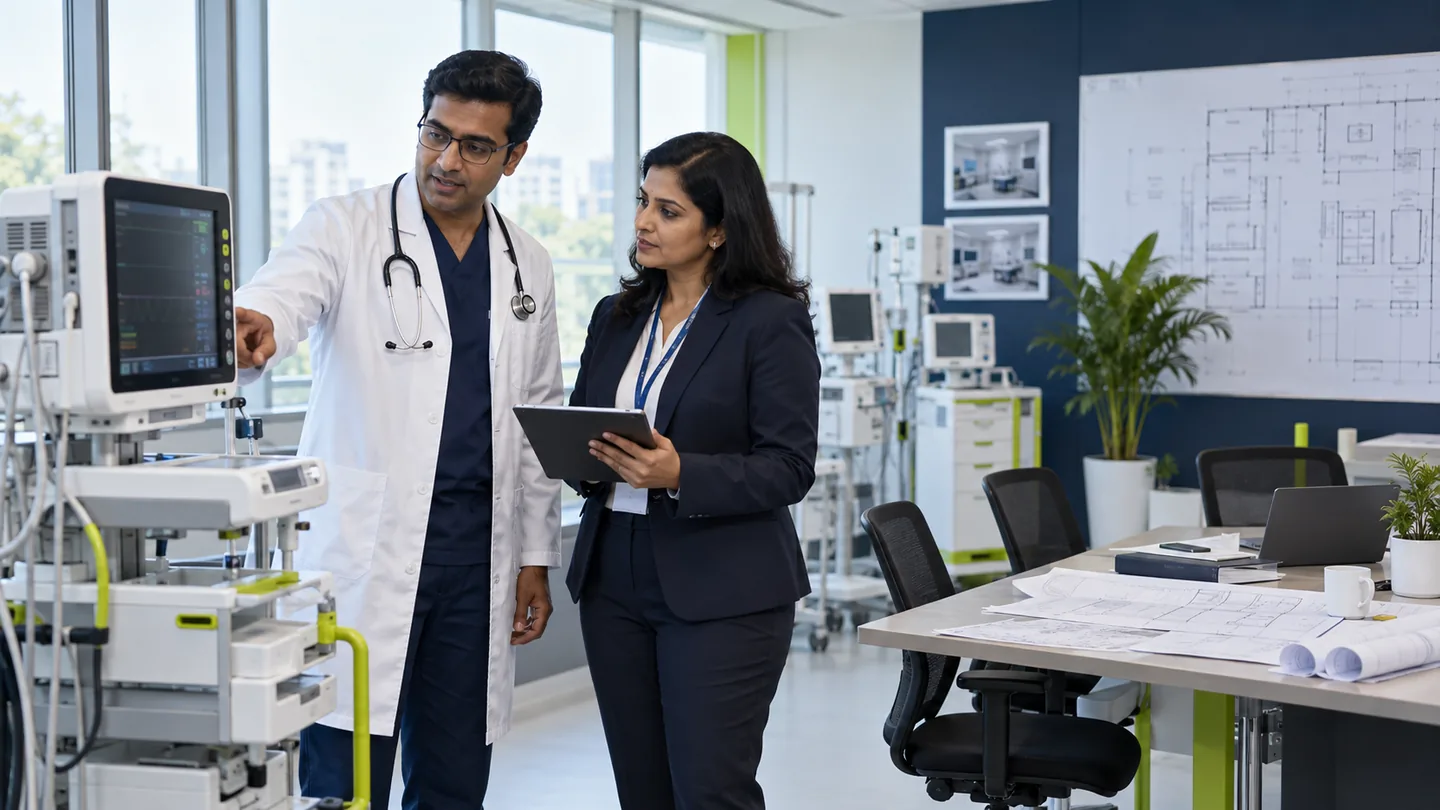 Medical consultant and hospital administrator evaluating clinical equipment